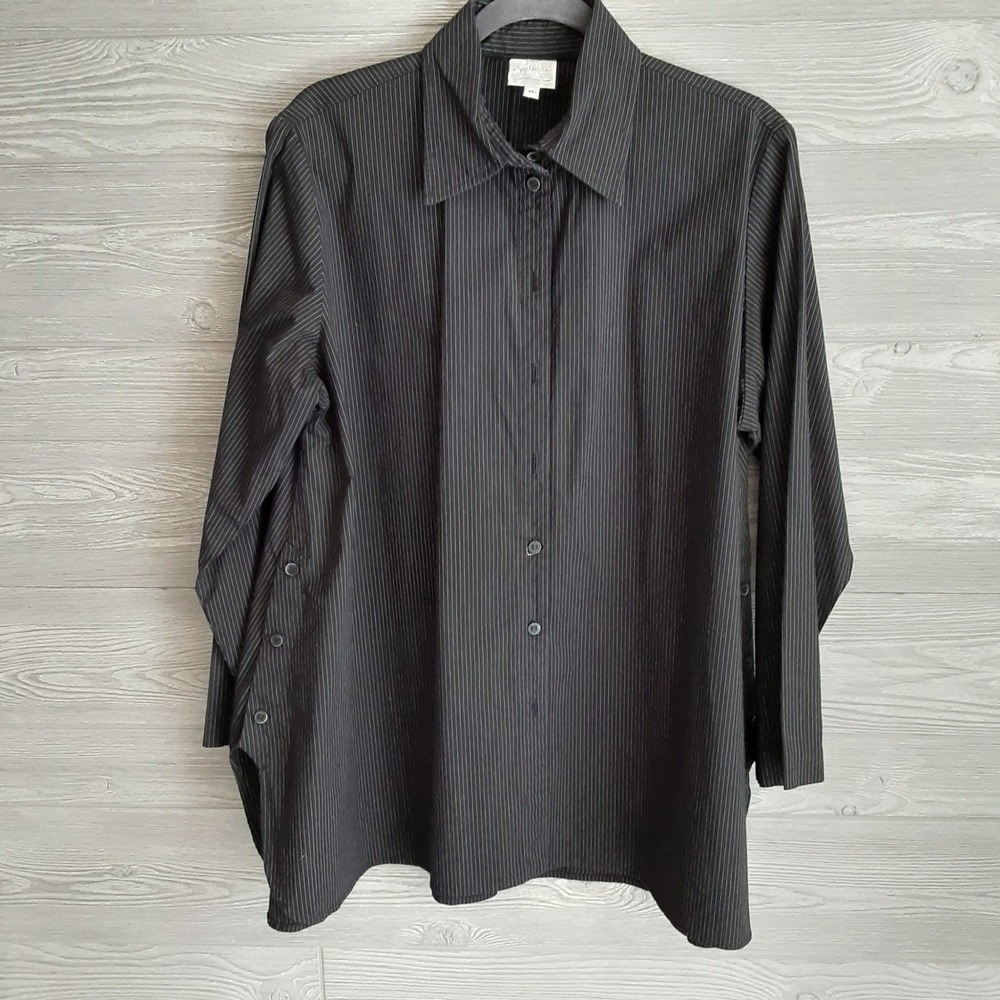 Spirithouse Black Pinstripe Side Button Long Sleeve Tunic Shirt Womens XL - Picture 3 of 11
